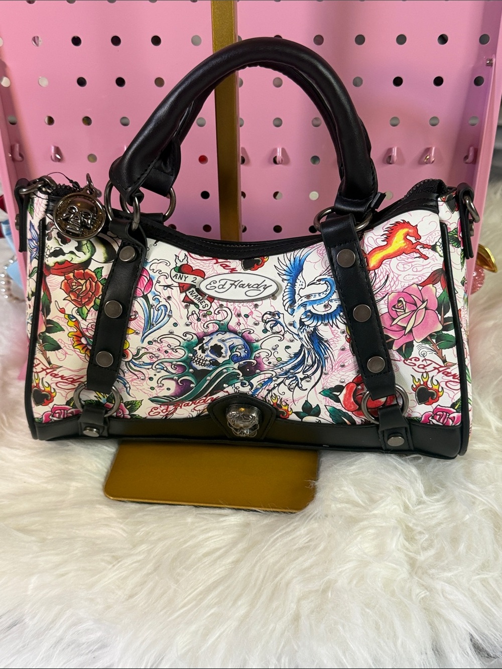 Ed Hardy Tattoo Floral Satchel - White, Black, Pink, Red, Blue, Green